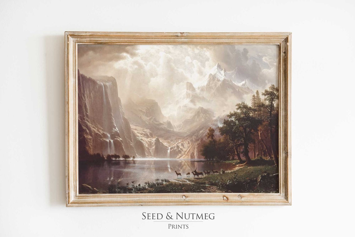Snow Capped Sierra Peaks Lake Waterfalls and Elk Vintage Poster