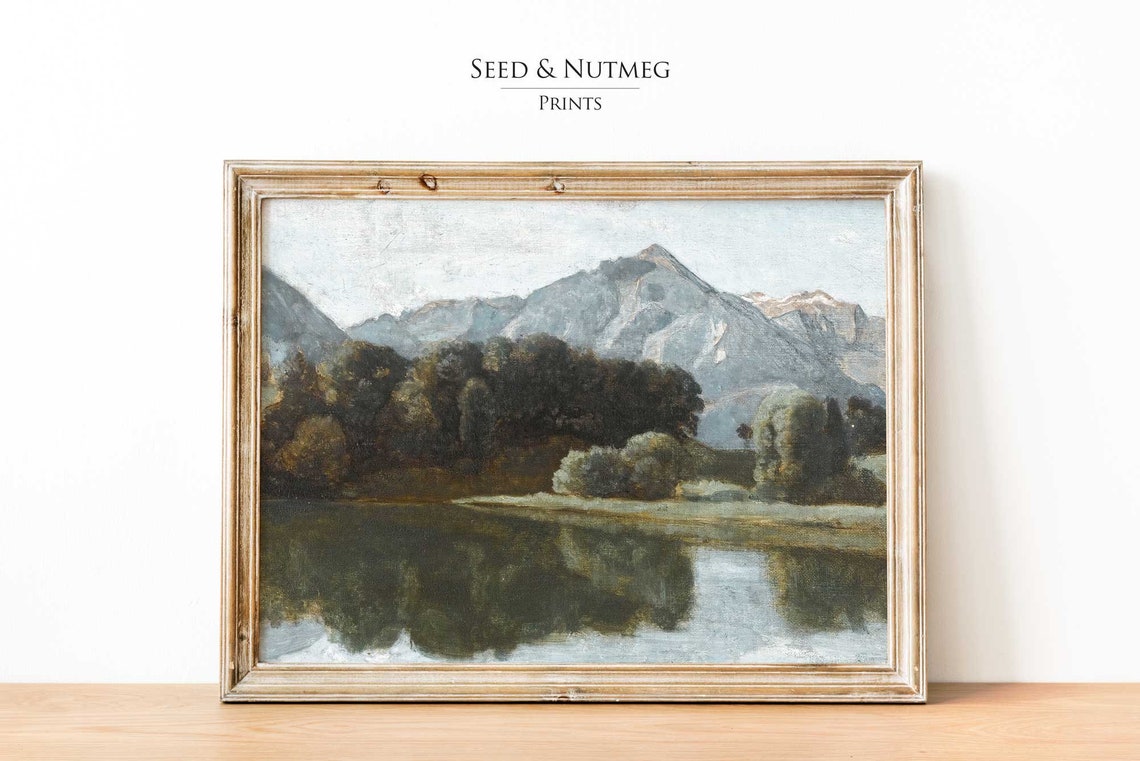 Peaceful Mountain Lake Reflection Vintage Oil Landscape Art Print