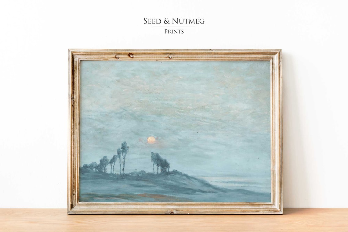 Full Moon Over the Sea Misty Blue Night Seascape Vintage Poster
