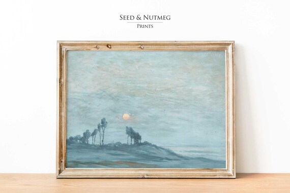 Full Moon Over the Sea Misty Blue Night Seascape Vintage Poster