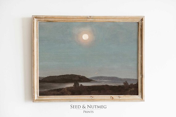 Full Moon Water Mountains Landscape Painting Wall Art Vintage Print Muted Neutral Oil Painting Wall Decor 108