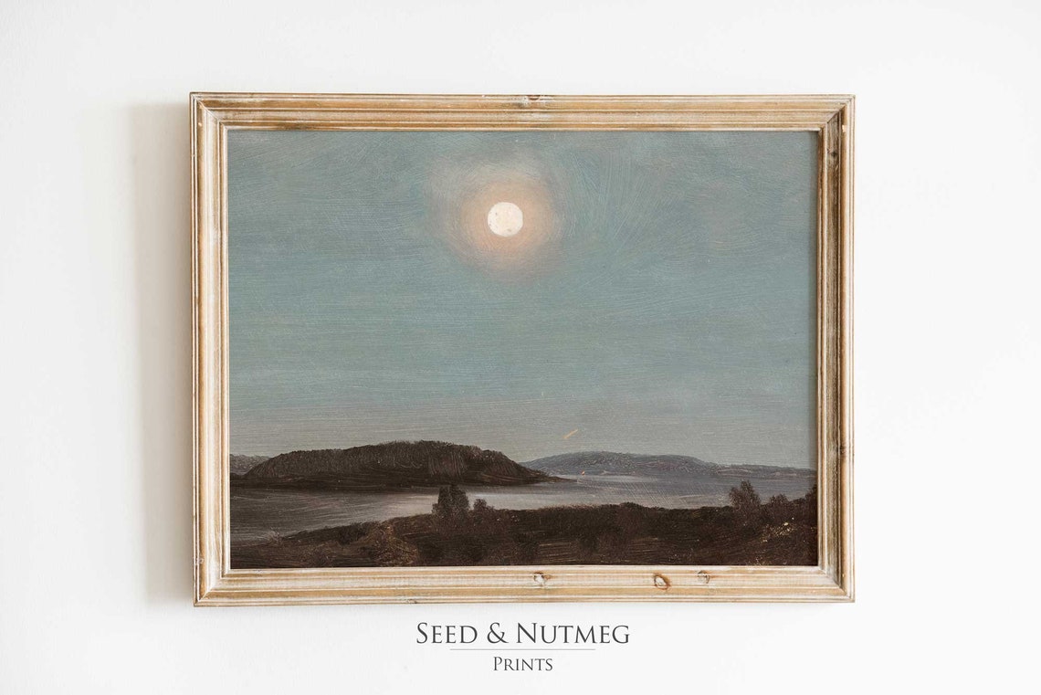 Full Moon Over Still Water And Dark Hills Vintage Art Poster