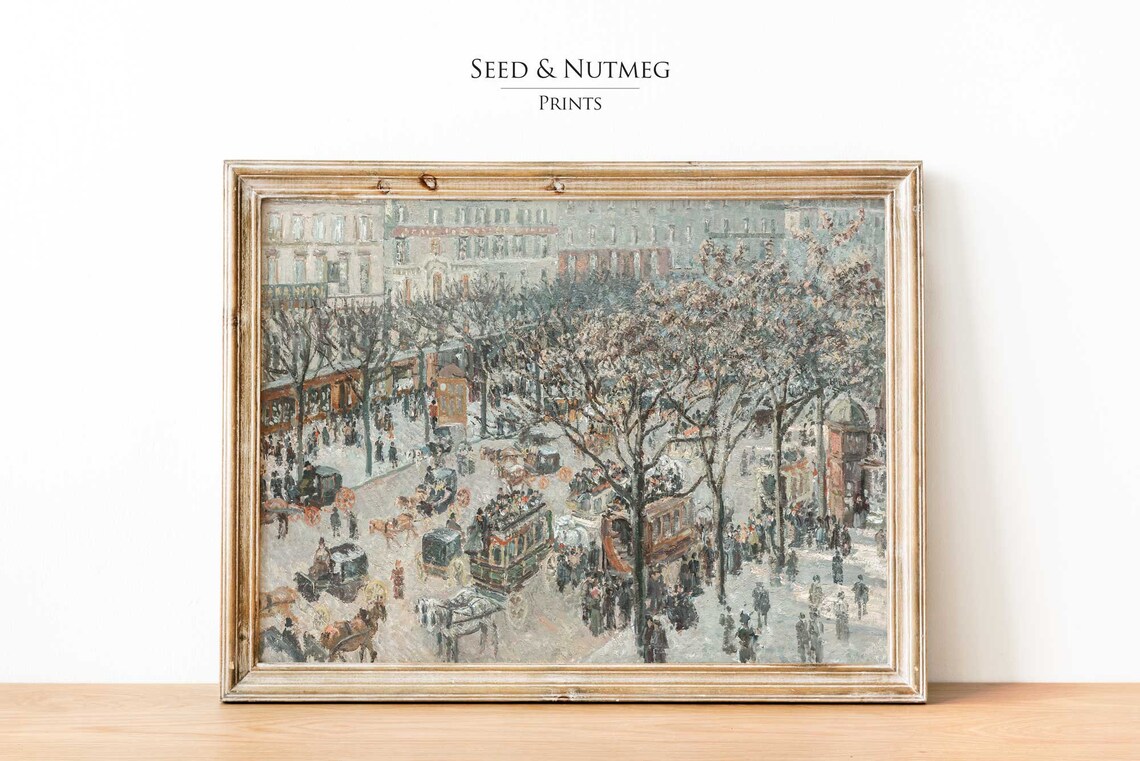 Winter City Square Horse Carriages Impressionist Urban Scene Poster