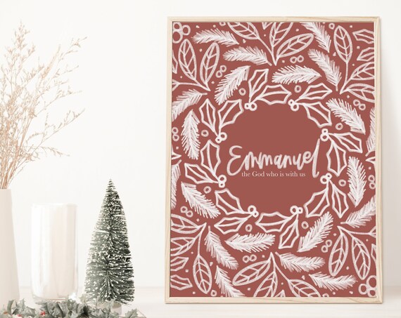 Emmanuel the God Who is With Us Hand Drawn Christmas Wreath Poster