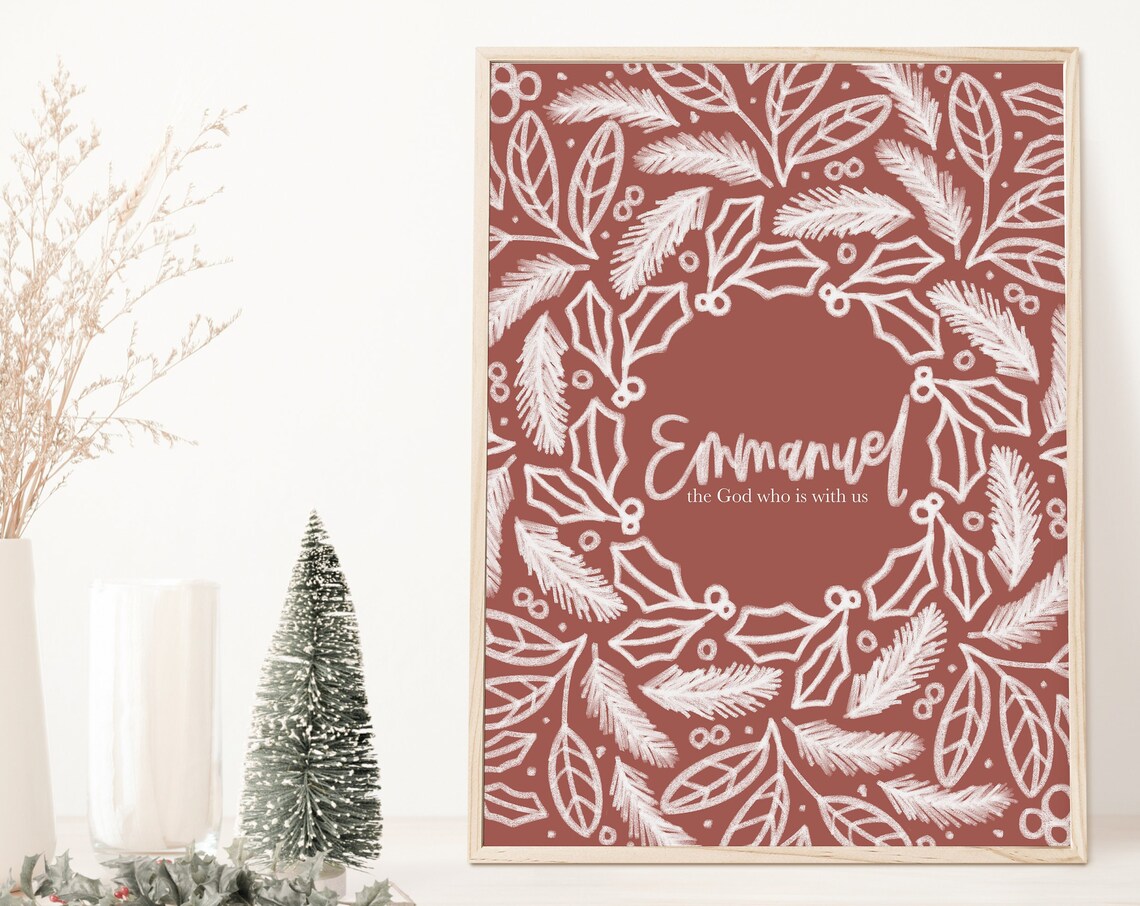 Emmanuel the God Who is With Us Hand Drawn Christmas Wreath Poster