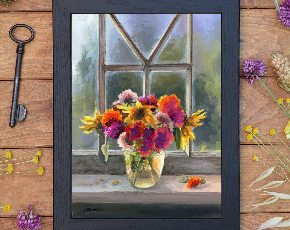 Colorful Zinnia Bouquet in a Glass Jar on a Sunny Windowsill Poster