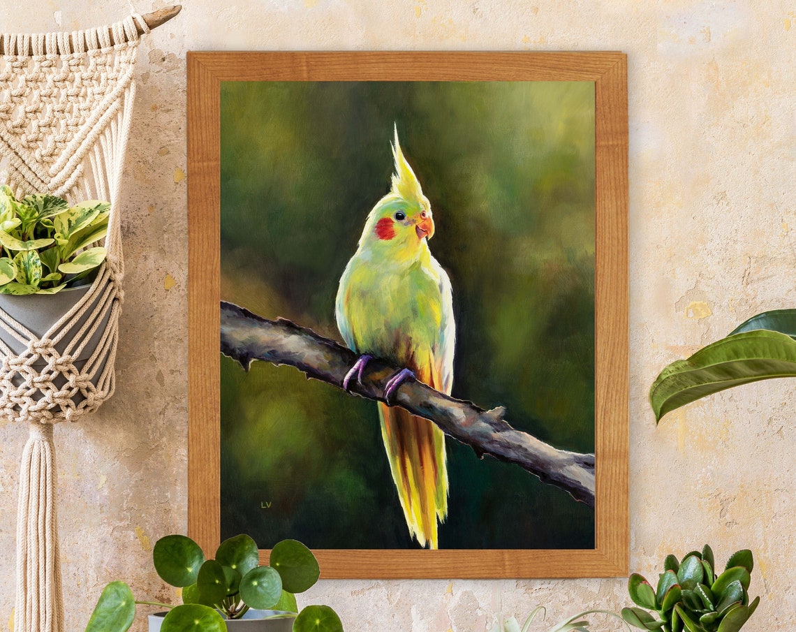 Yellow Cockatiel Art Print Cockatoo Painting Poster Australian Birds Wall Art Bathroom Exotic Bird Portrait Wildlife Cockatiel Owner Gift