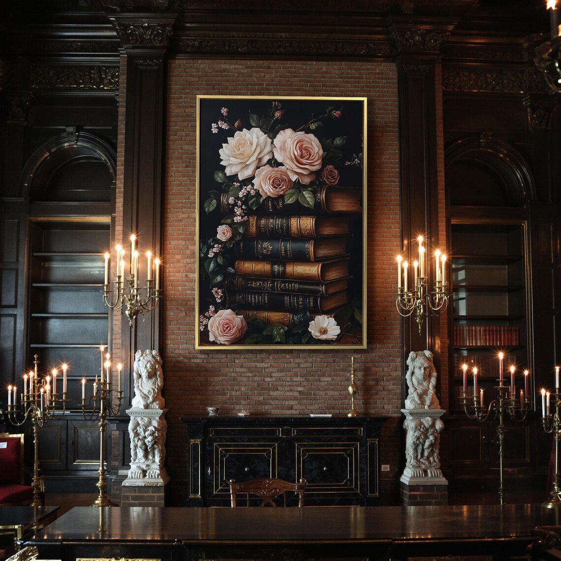 Vintage Books White Roses Dark Botanical Elegant Floral Library Art Print - Image 2