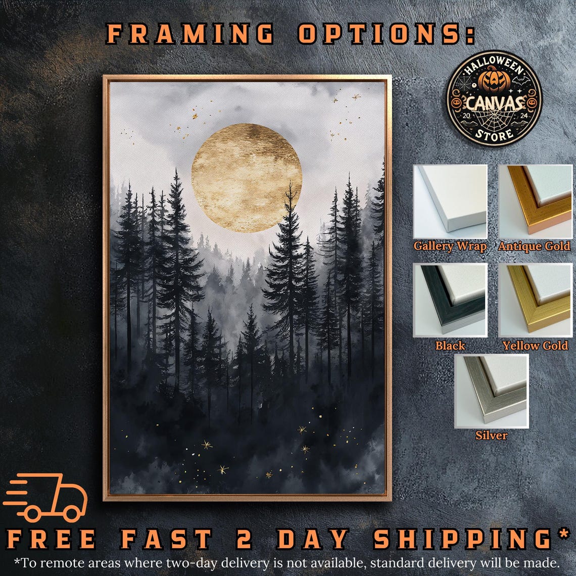 Golden Moon Over Misty Dark Pine Forest Foggy Night Art Poster - Image 5