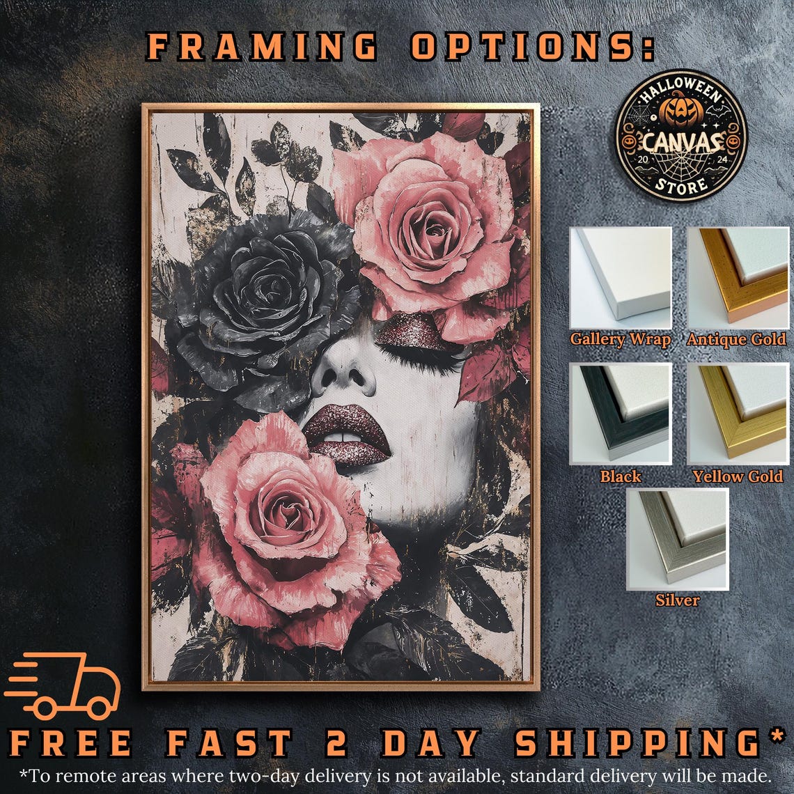 Gothic Woman Face Among Pink and Black Roses Glam Art Poster - Image 5
