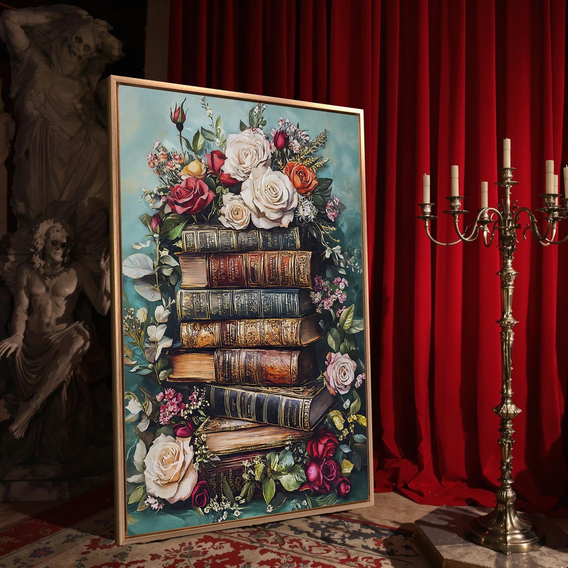 Vintage Book Stack Red White Roses Teal Romantic Floral Poster - Image 4