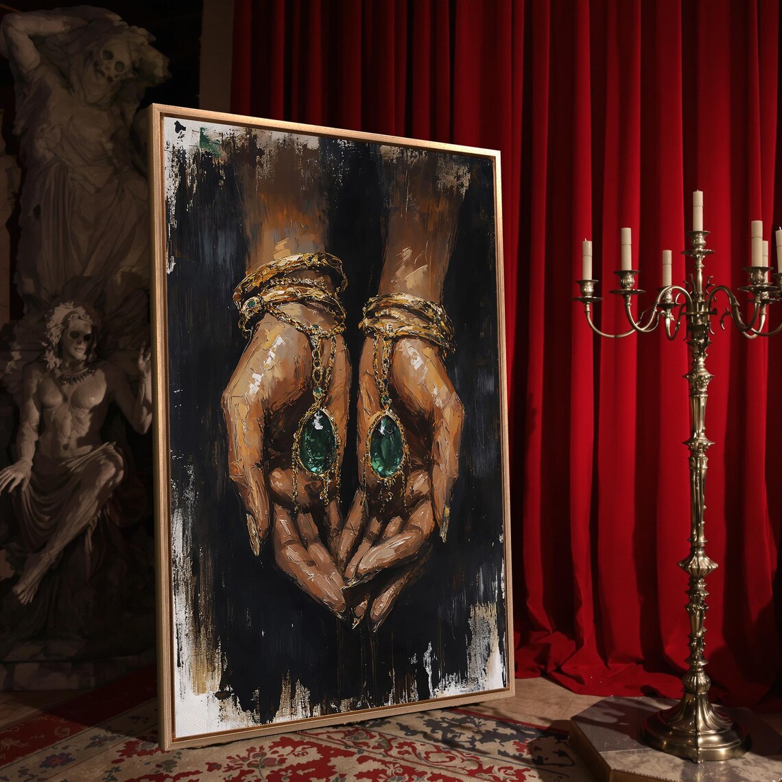 Elegant Hands Holding Emerald Green Jewelry Dark Painterly Gold Wall Poster - Image 4