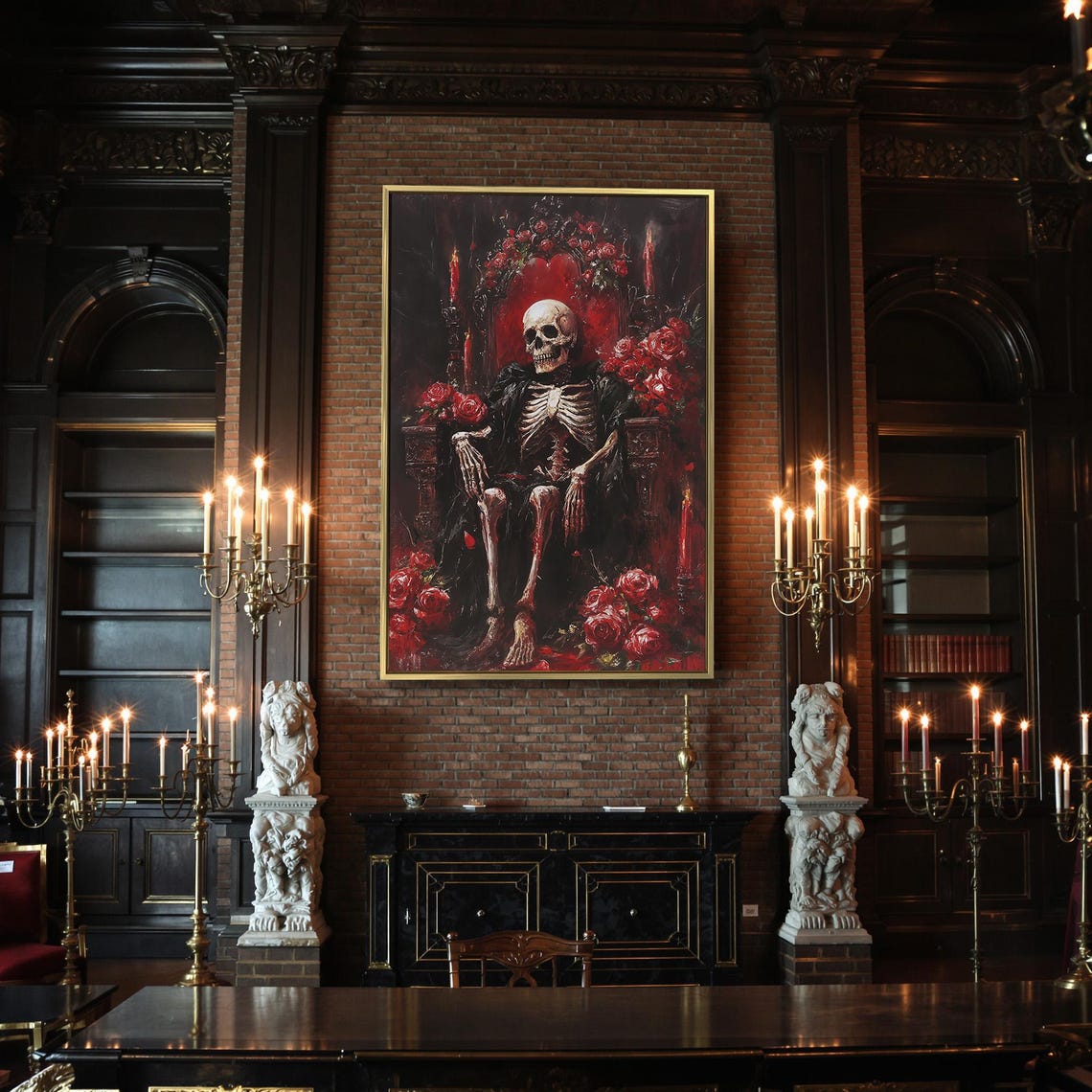 Skeleton King Seated on Throne Surrounded by Red Roses Art Poster - Image 2