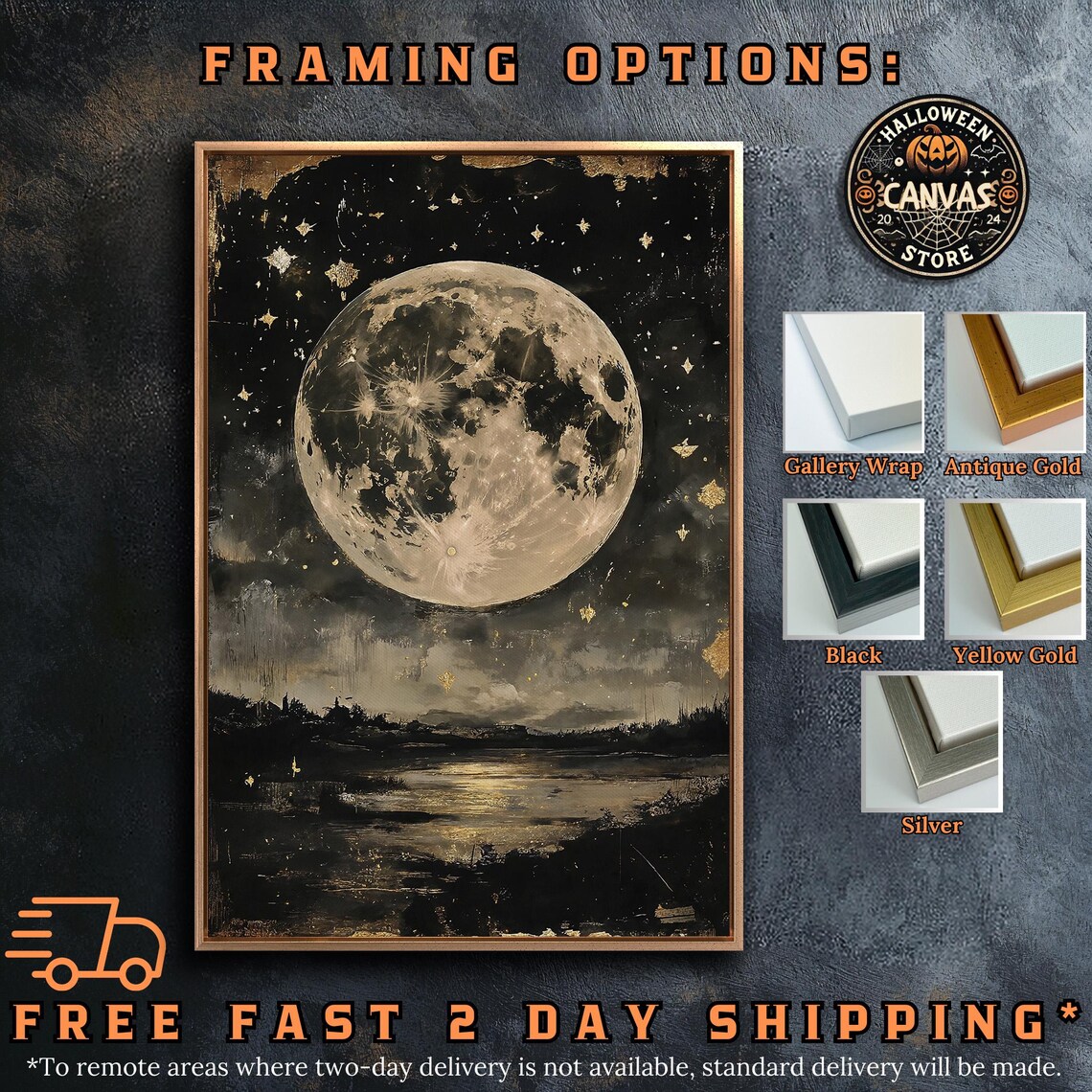Giant Full Moon Over Misty River Landscape Gold Stars Dark Night Poster - Image 5