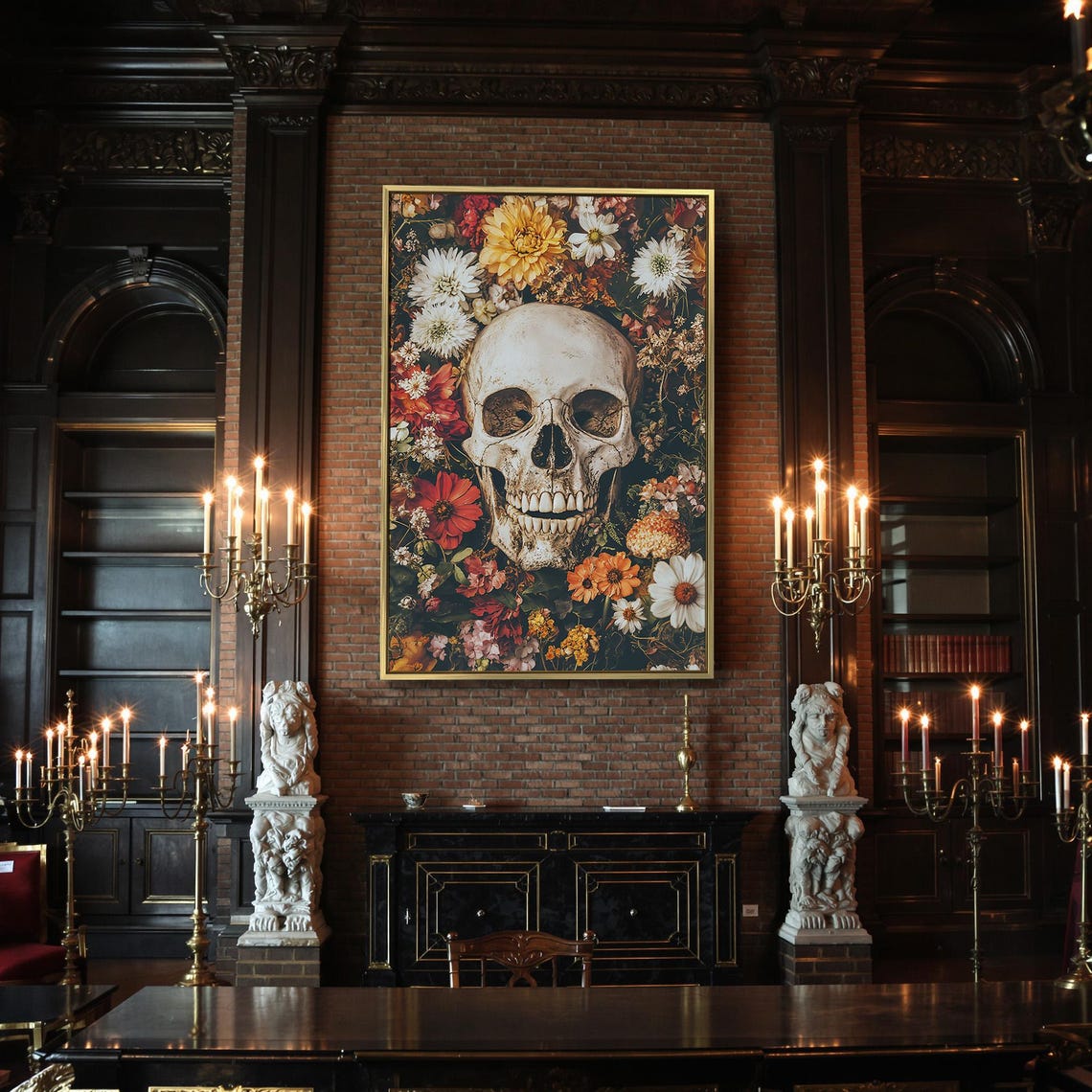 Skull Among Vibrant Wildflowers Dark Gothic Floral Still Life Wall Art - Image 2