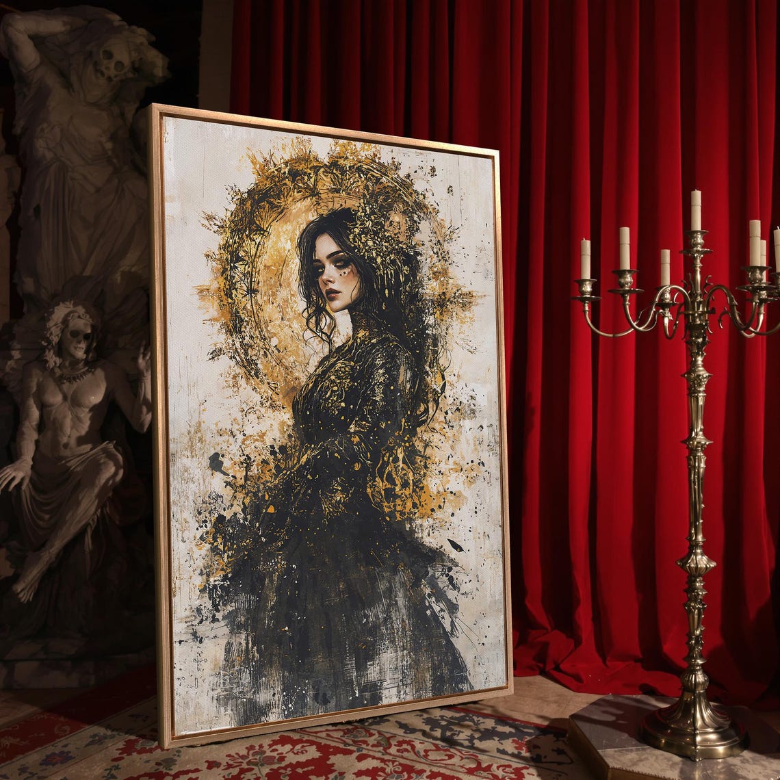 Dark Haired Gothic Woman Portrait With Gold Splatter Textured Poster - Image 4