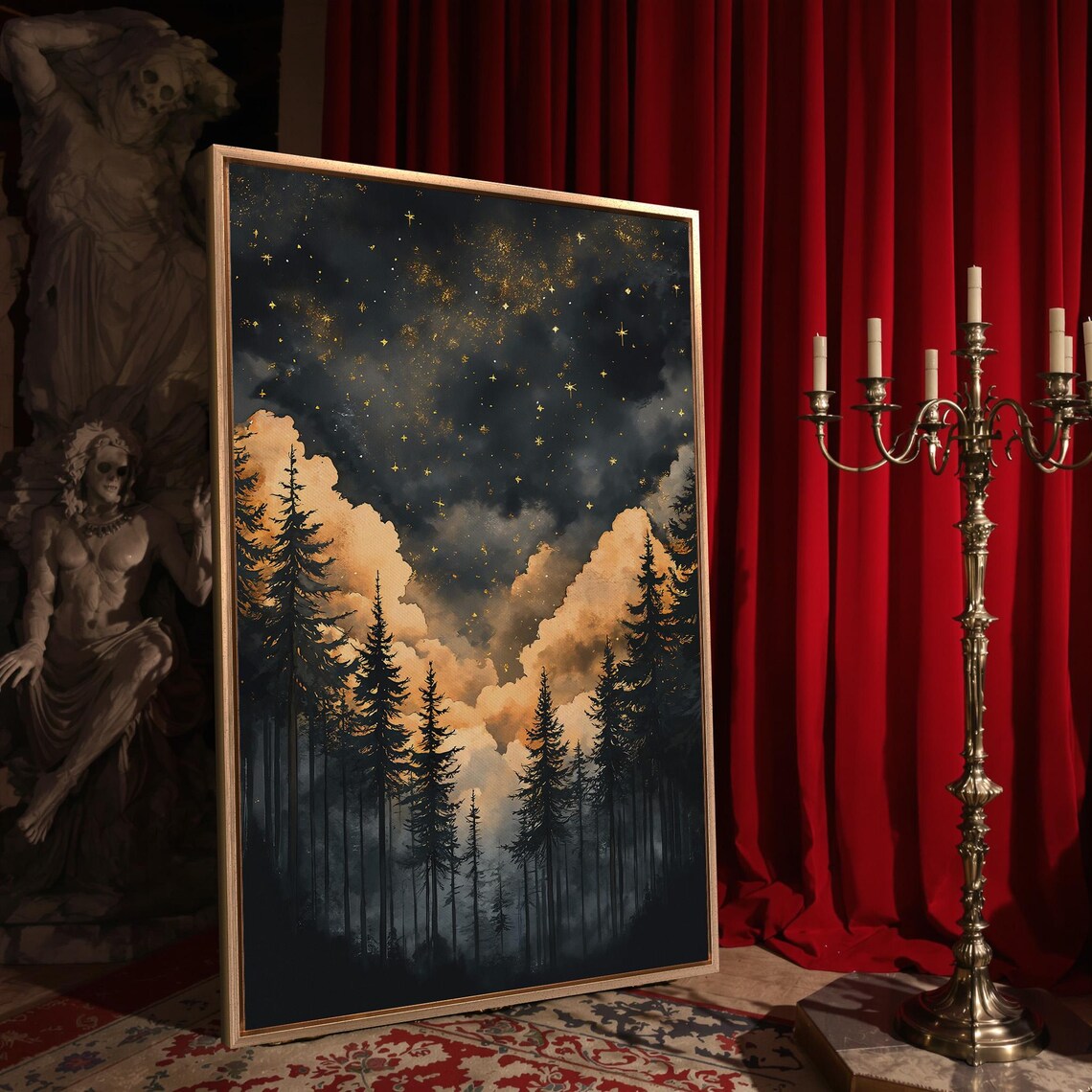 Starry Night Golden Clouds Tall Pine Forest Fantasy Dark Mystical Wall Poster - Image 4