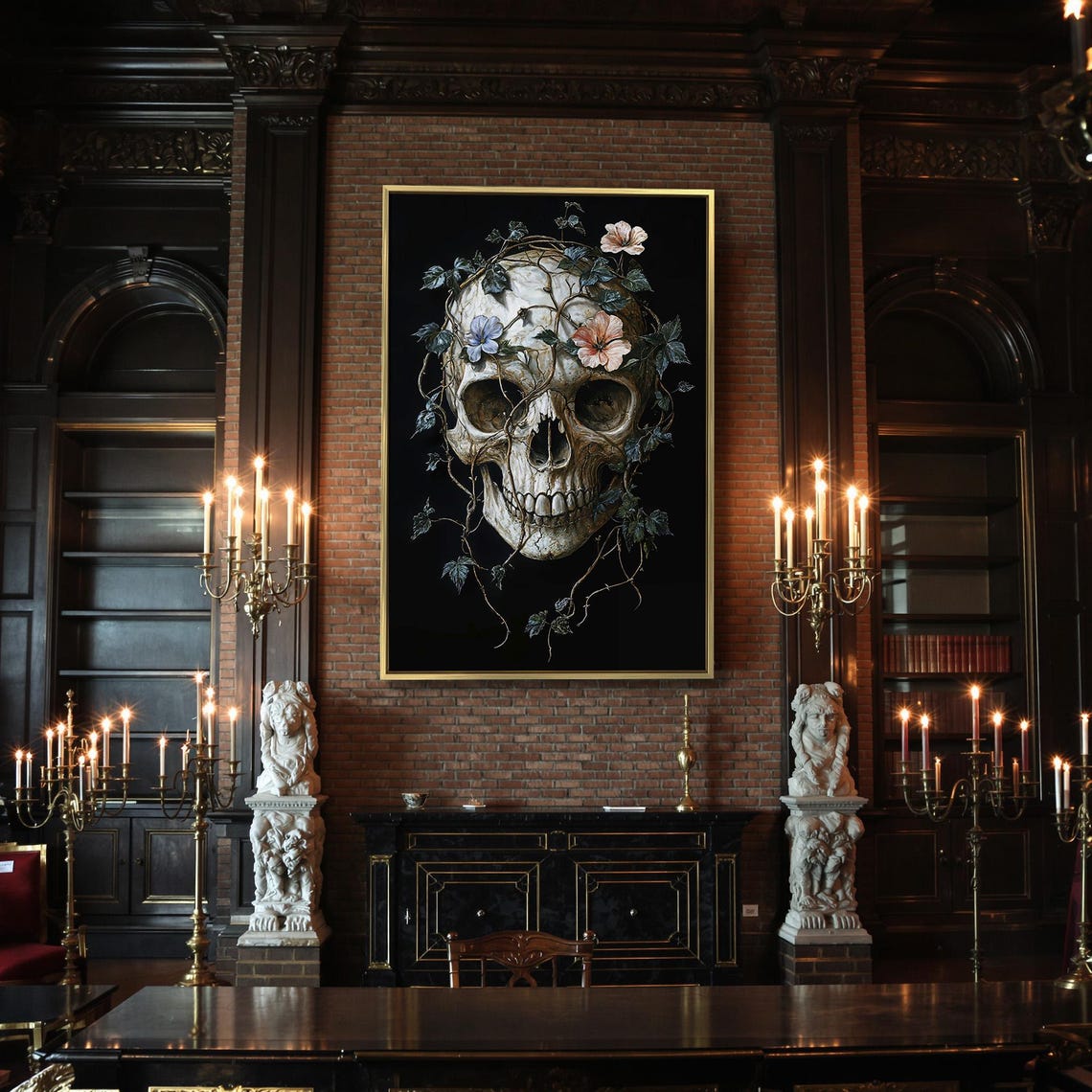 Skull Wrapped in Wildflower Vines Botanical Dark Painting Poster - Image 2