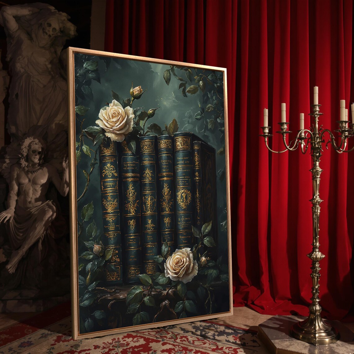 Dark Antique Books White Roses Moody Botanical Vintage Library Wall Poster - Image 4