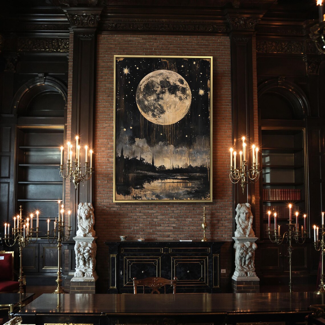 Giant Full Moon Over Dark City Skyline Reflection Black Gold Night Poster - Image 2