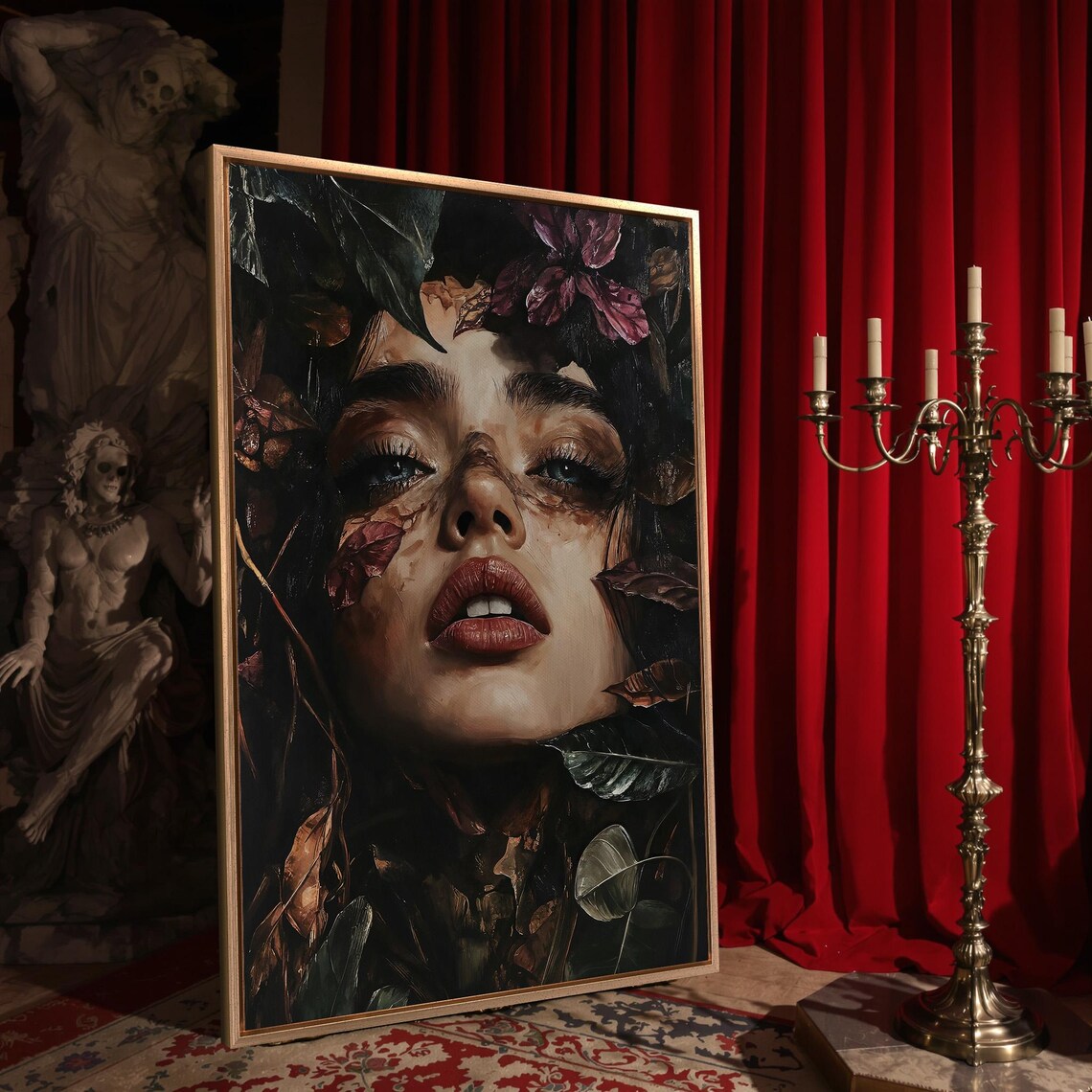 Woman Face With Open Eyes Among Dark Leaves Red Lips Surreal Botanical Poster - Image 4