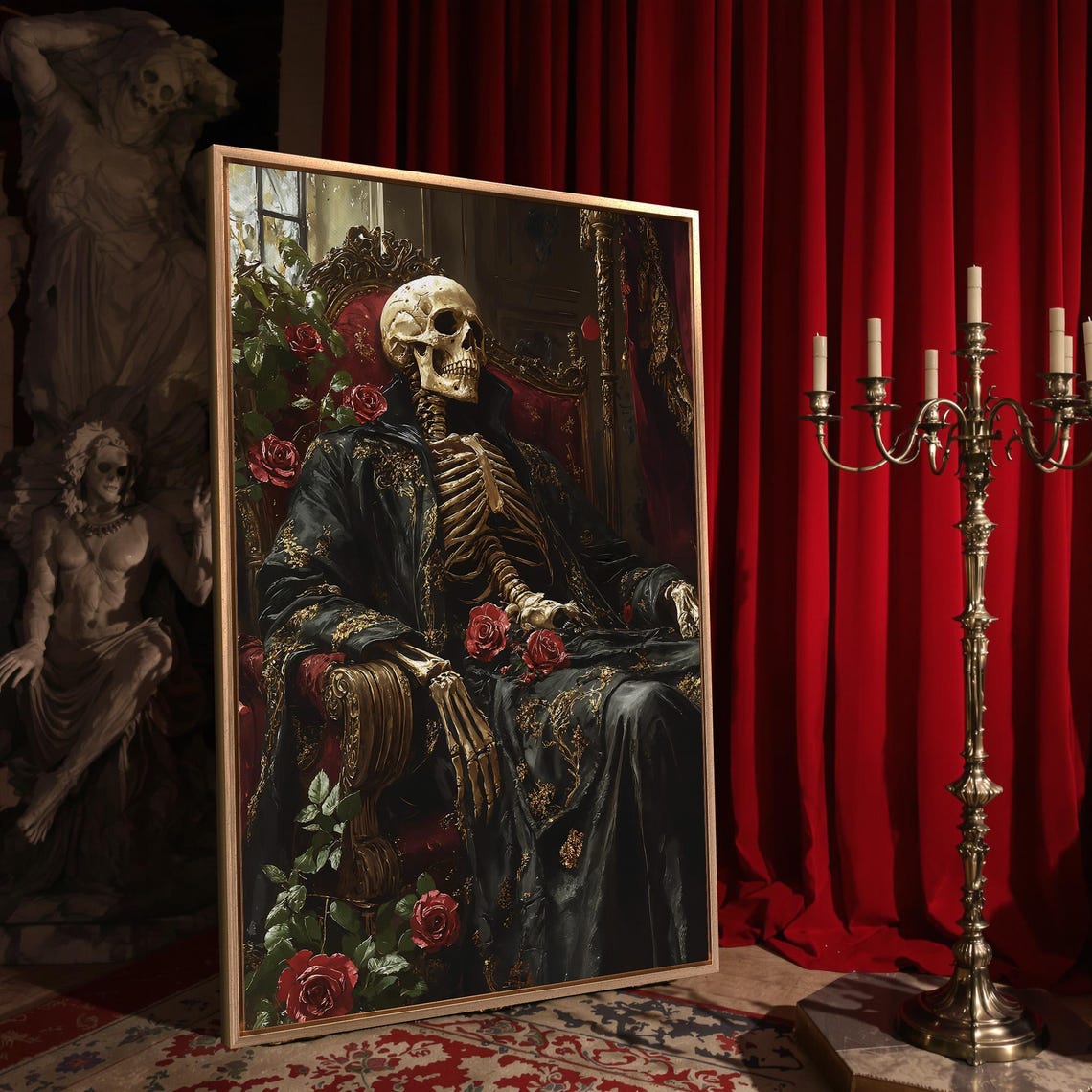 Skeleton In Black Robe Reclining On Ornate Chair With Red Roses Poster - Image 4