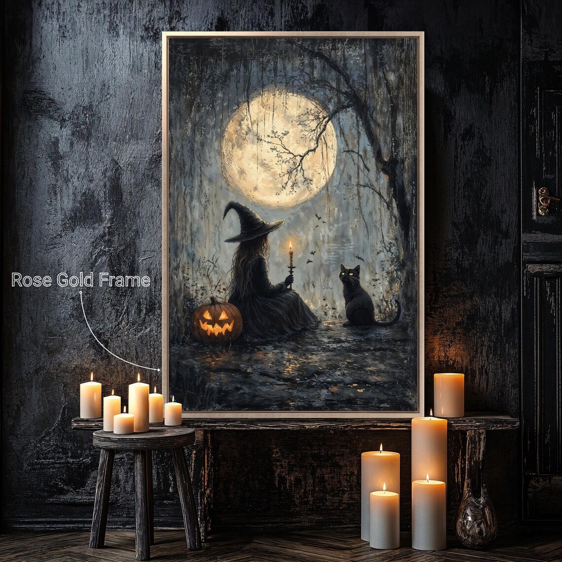 Witch With Black Cat Full Moon Night Candle Jack-O-Lantern Gothic Wall Poster - Image 4