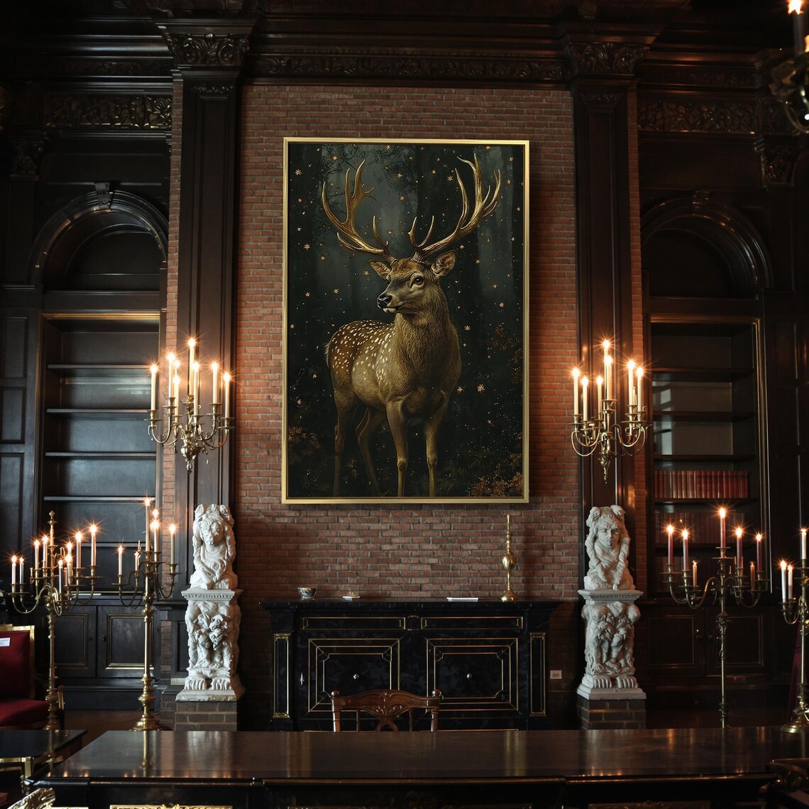 Majestic Golden Antlered Stag In Dark Starry Forest Night Scene Poster - Image 2