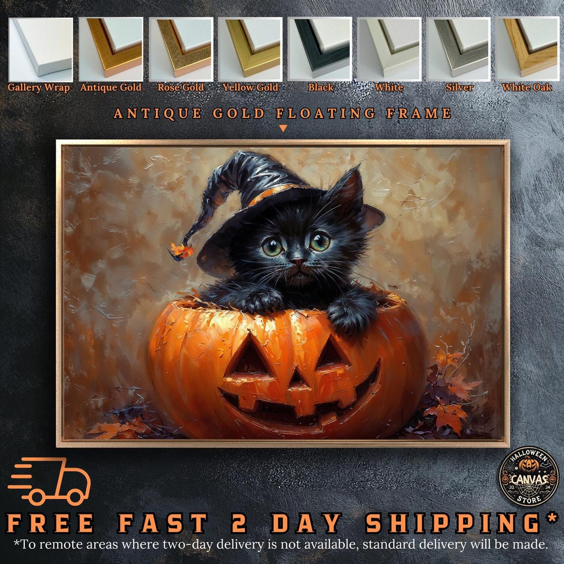 Halloween Black Kitten Framed Wall Art Pumpkin And Witch Hat Painting Print Cute Cat Decor Gift Ready To Hang Fast Shipping Free - Image 2