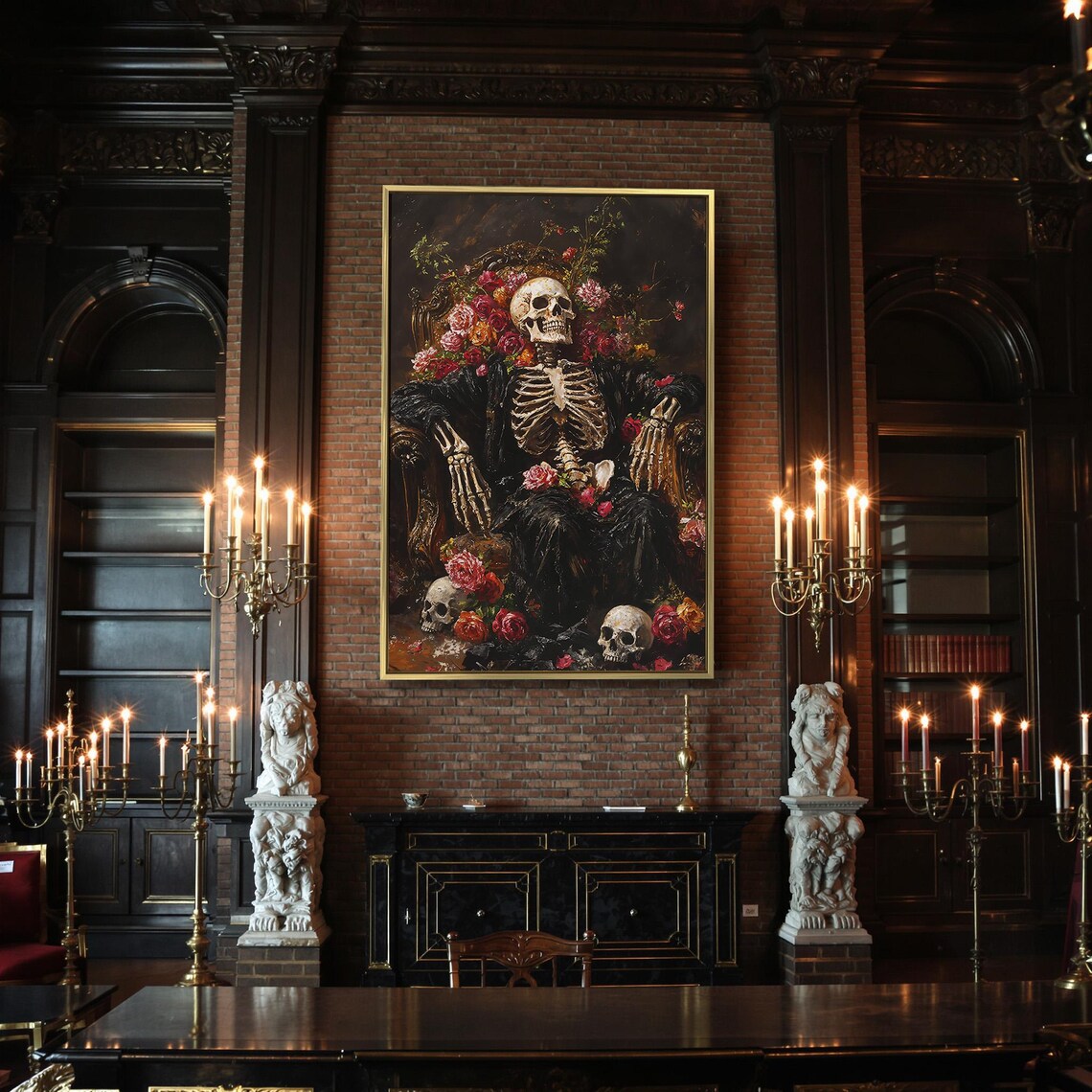 Victorian Skeleton On Ornate Throne Surrounded By Red Roses Dark Poster - Image 2