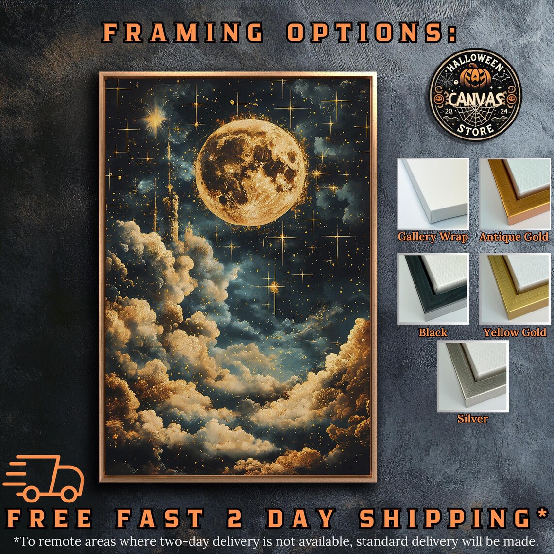 Full Golden Moon Sparkling Stars Billowing Clouds Dreamy Night Sky Wall Poster - Image 5