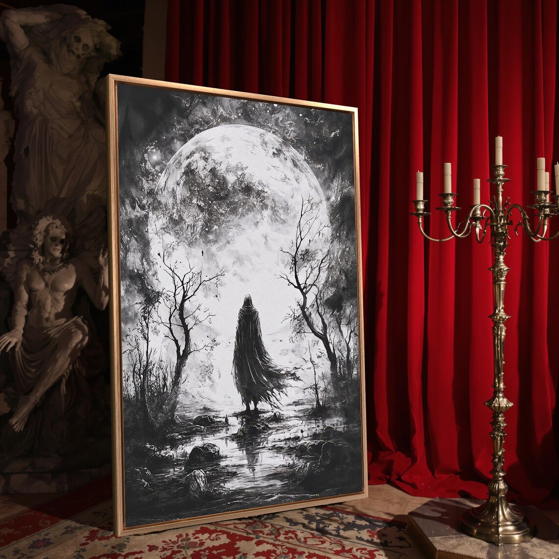 Hooded Figure Before Giant Full Moon Black And White Gothic Scene Poster - Image 4