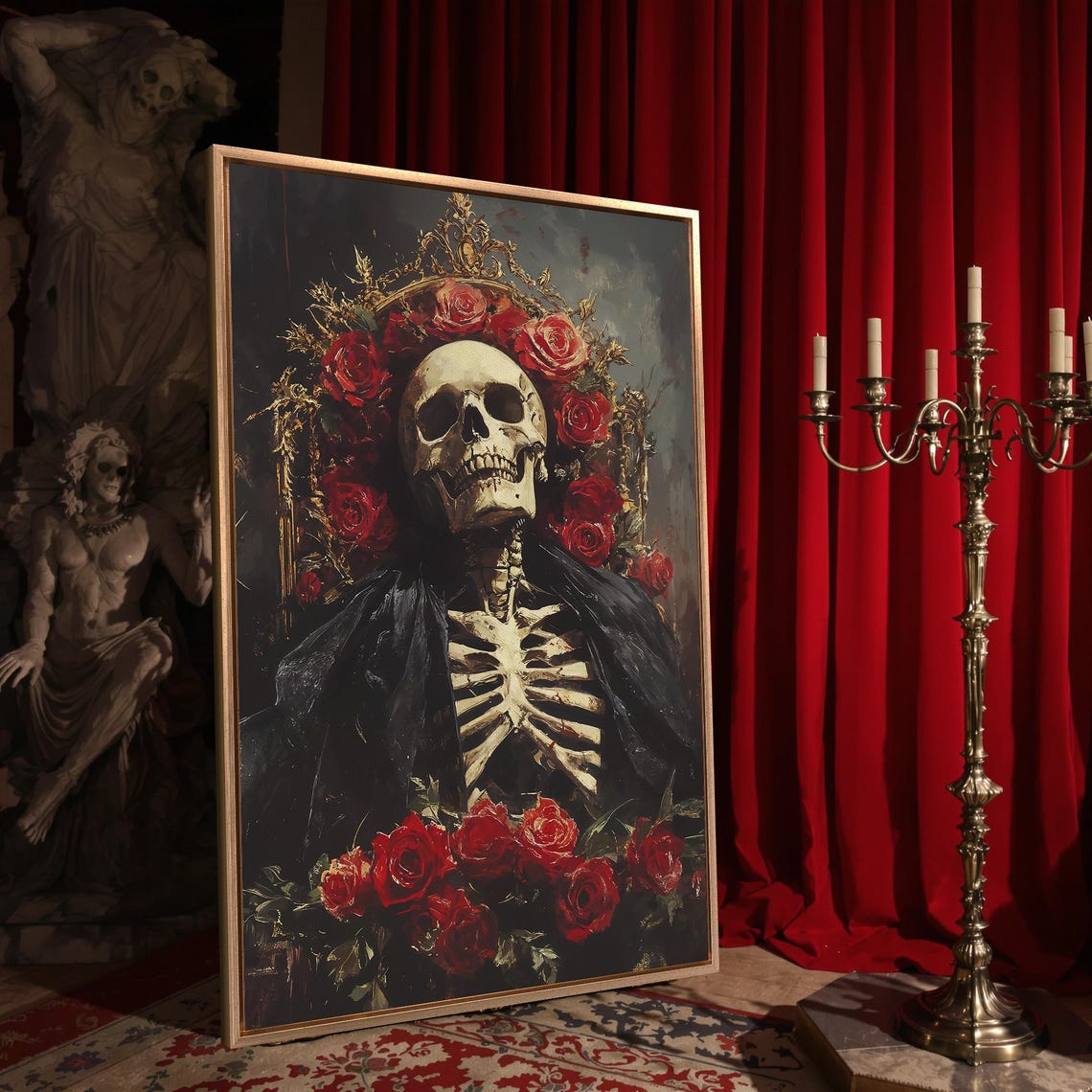 Royal Skeleton Crowned With Red Roses Dark Floral Painting Poster - Image 4