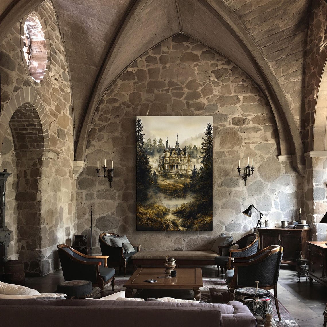 Mystical Chateau in Misty Pine Forest Golden Fog Painting Poster - Image 3