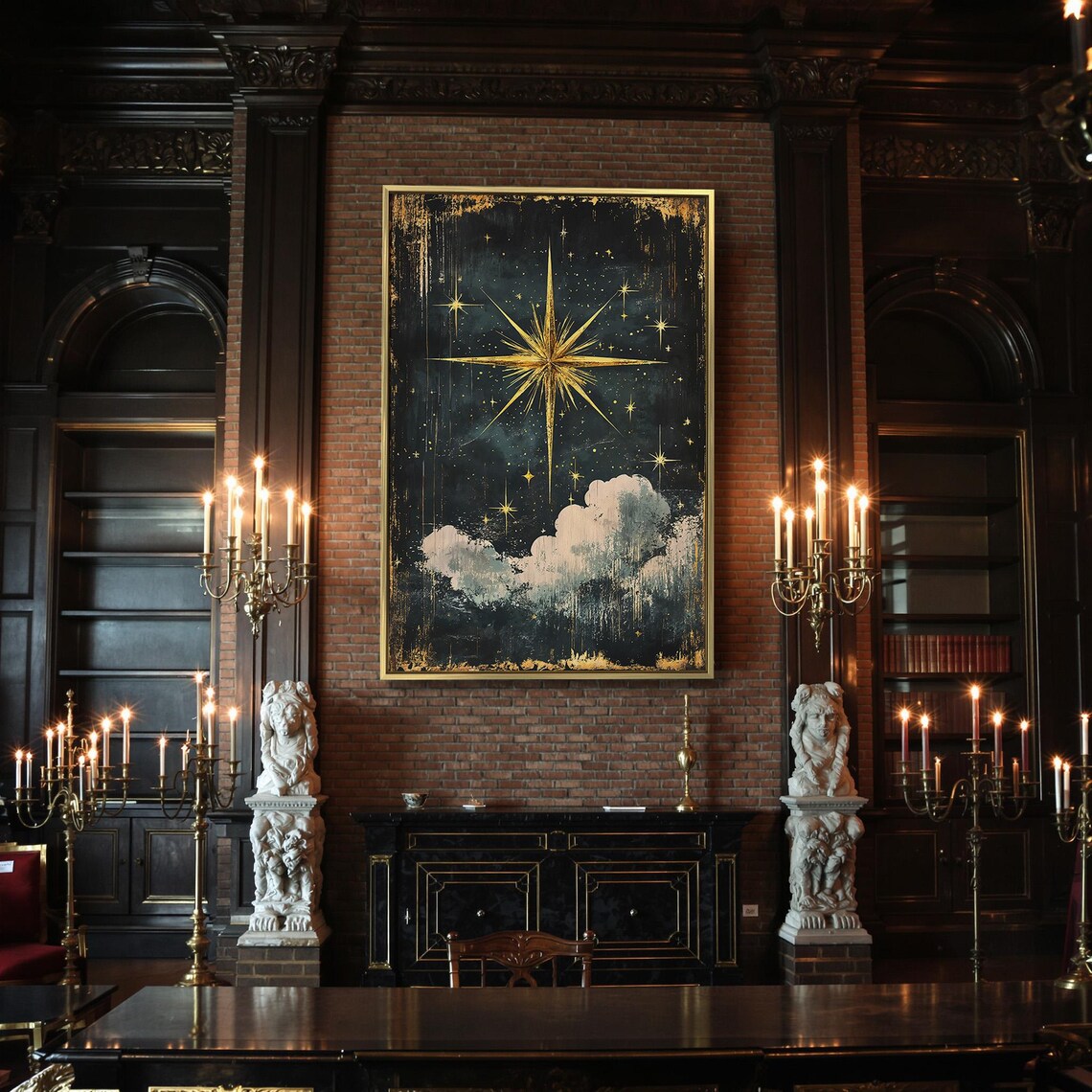 Large Golden North Star Dark Night Sky Clouds Celestial Vintage Wall Poster - Image 2