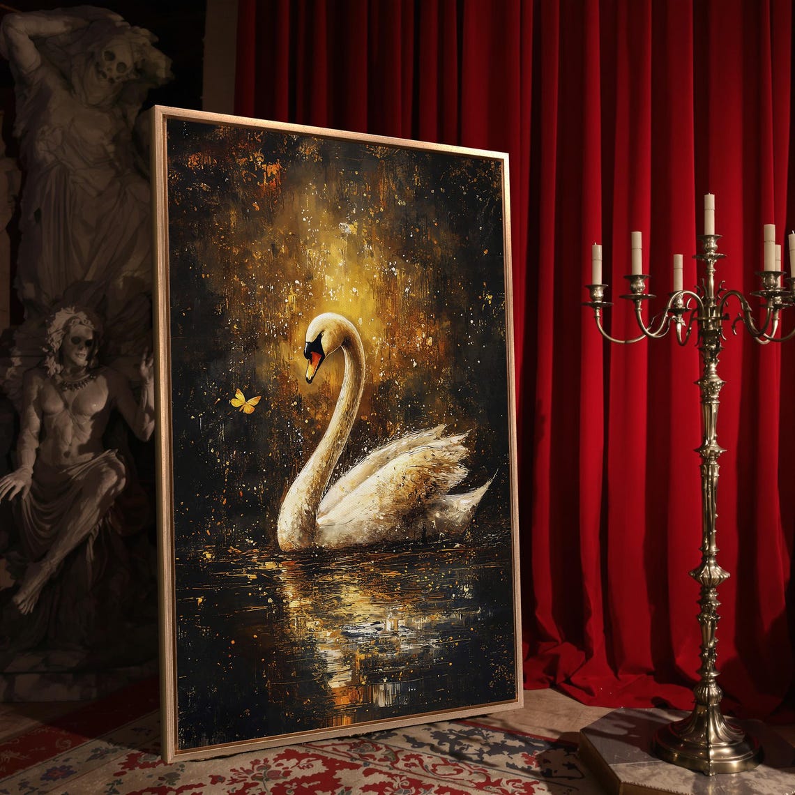 White Swan On Golden Dark Lake With Butterfly Elegant Art Poster - Image 4
