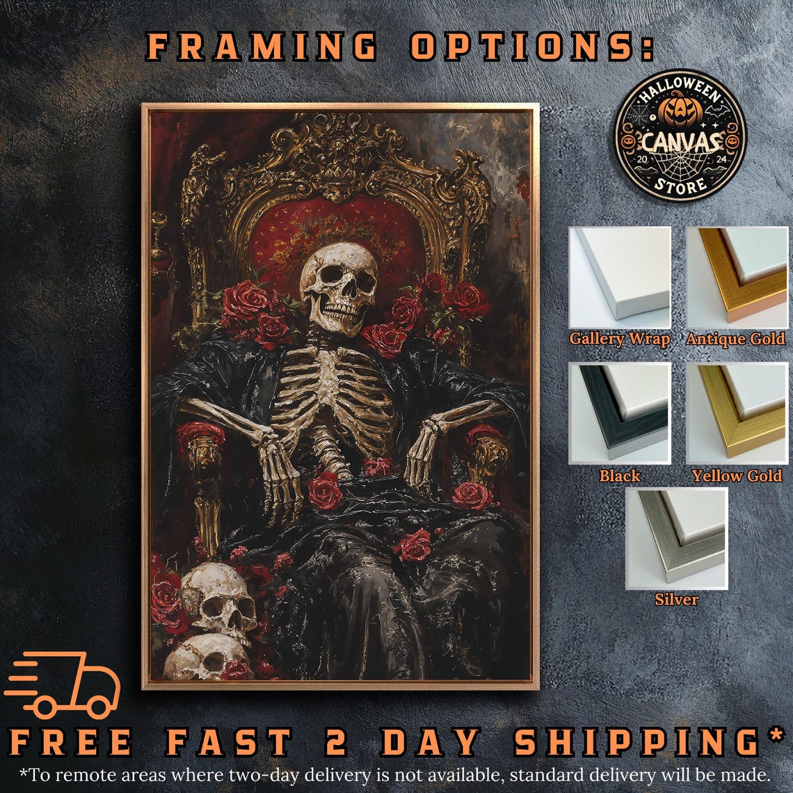 Gothic Skeleton On Golden Throne With Red Roses And Skulls Dark Poster - Image 5