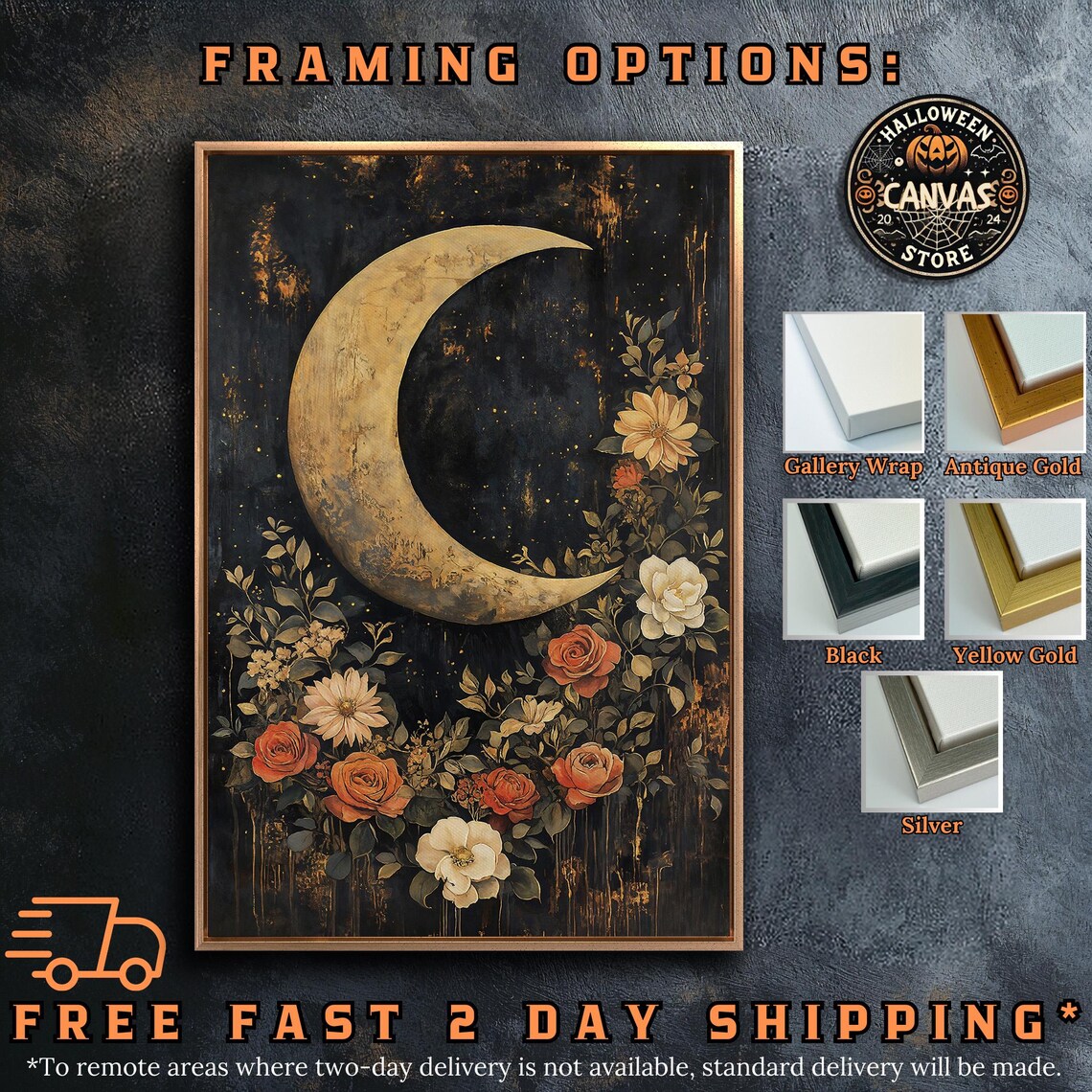 Golden Crescent Moon Orange Roses Starry Night Dark Floral Celestial Poster - Image 5