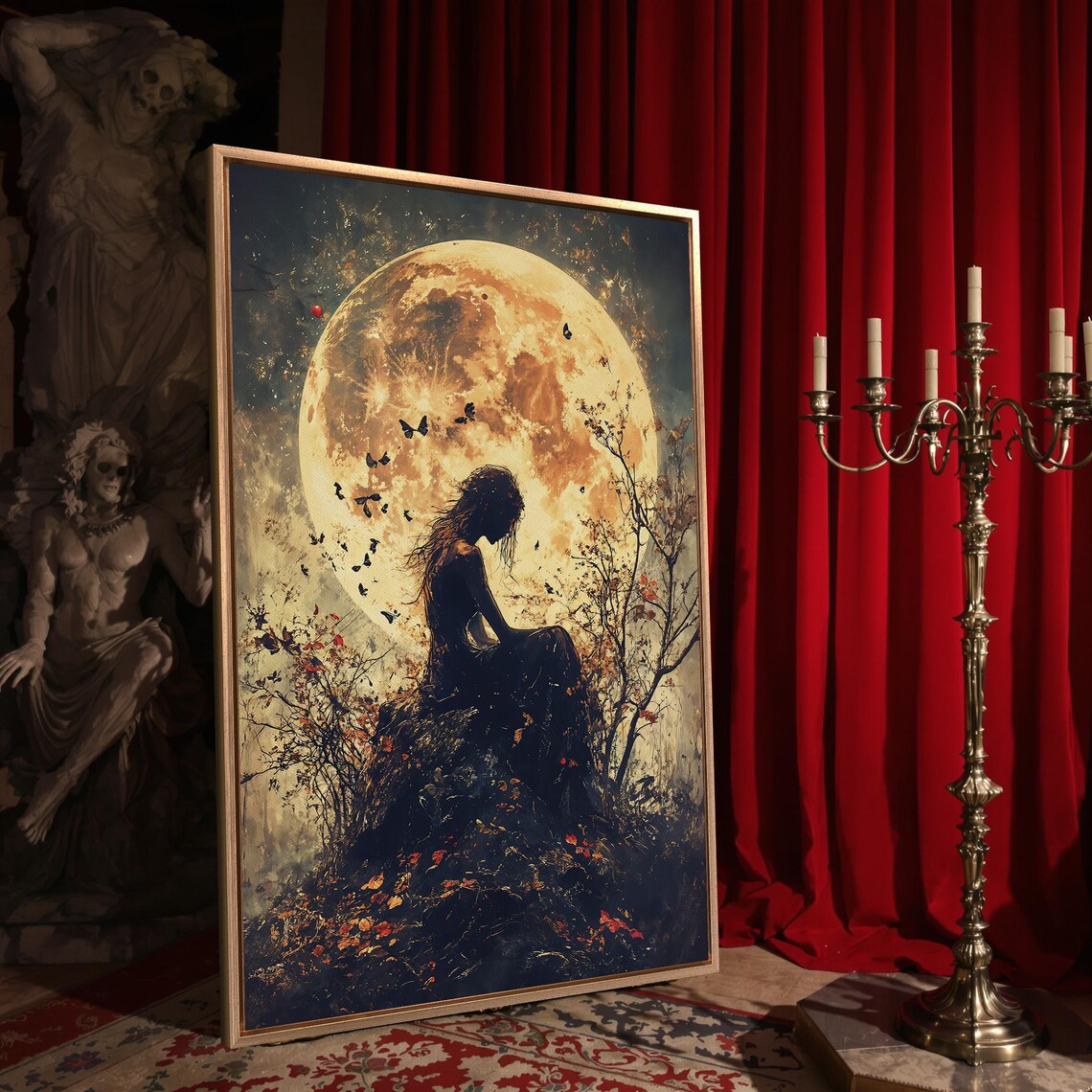 Girl Silhouette Under Giant Full Moon With Butterflies Autumn Night Poster - Image 4