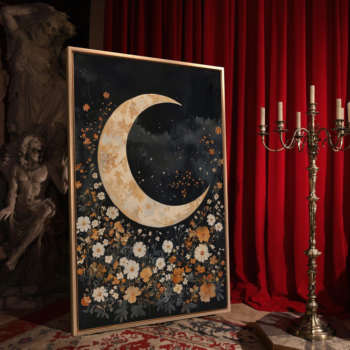 Great Crescent Moon In Floral Print Celestial Boho Home Decor Night Scene Art Dark Academic Poster Ready To Hang Framed Wall Art - Image 4