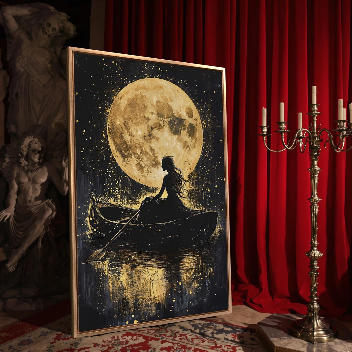 Girl In Rowboat Under Giant Gold Moon Starry Night Fantasy Poster - Image 4
