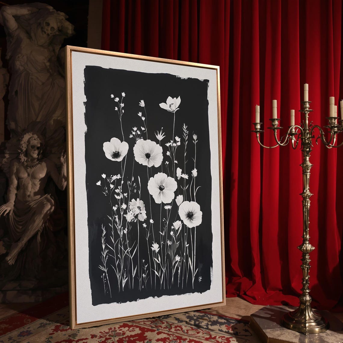 Monochrome White Wildflowers On Black Minimalist Botanical Art Poster - Image 4
