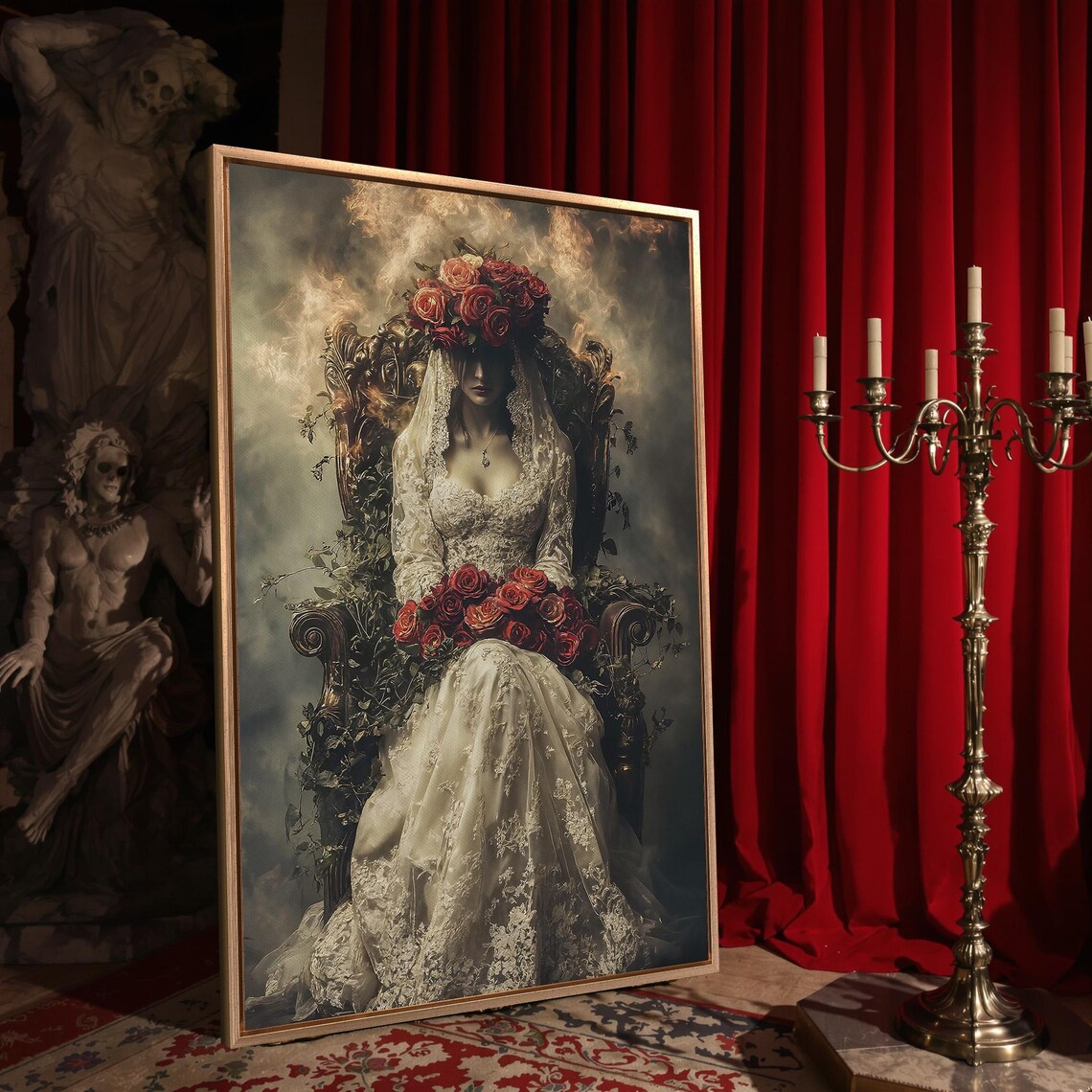 Macabre Bride White Lace Gown Red Roses Throne Dark Gothic Romance Wall Art - Image 4