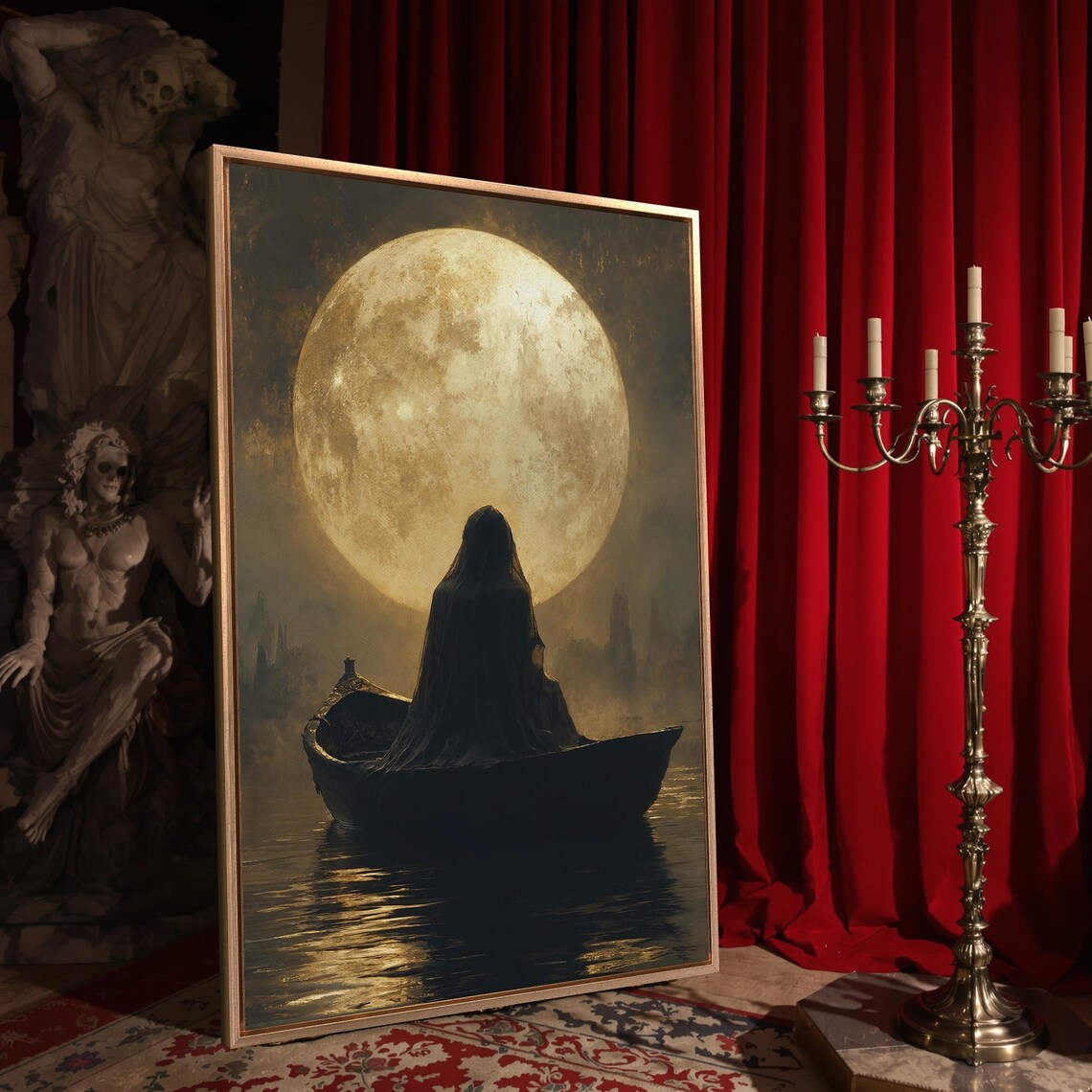 Cloaked Figure In Boat Beneath Giant Golden Moon Mist Poster - Image 4