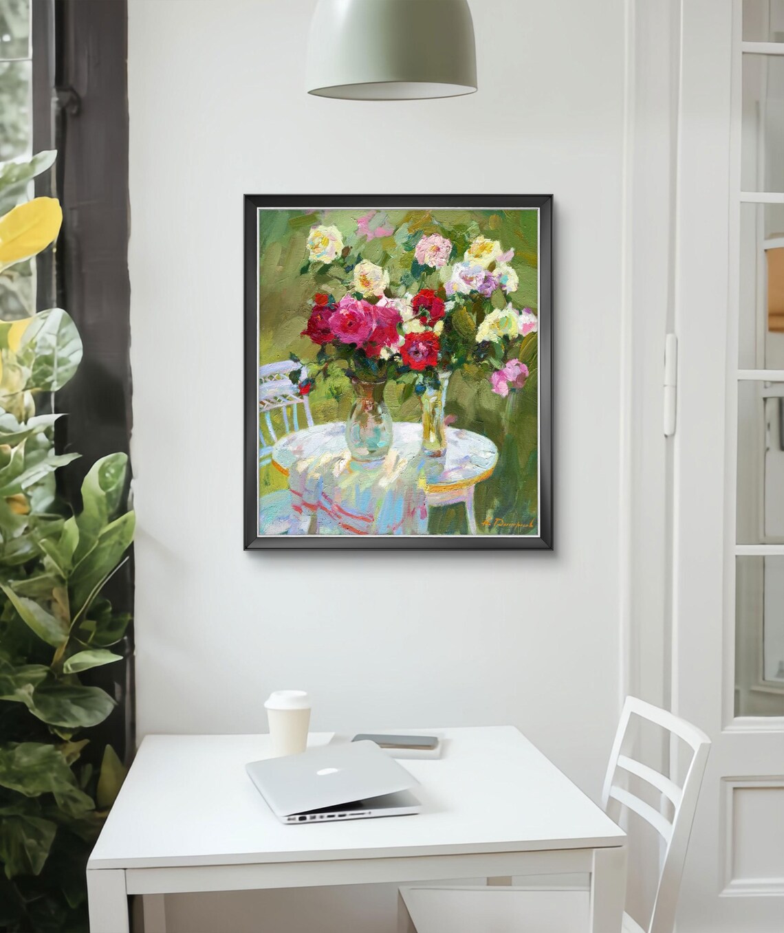 Romantic Garden Roses in Glass Vases, Impressionist Oil Painting