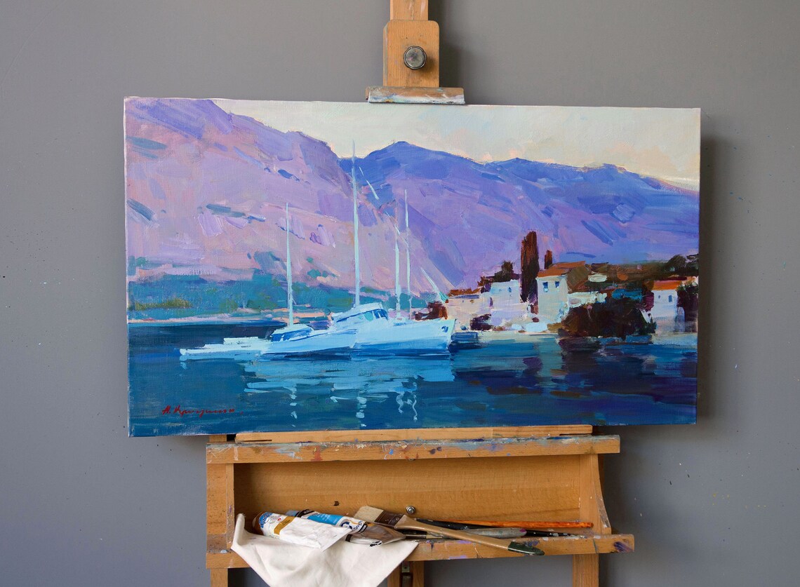 Boats And Yachts On Shore, Impressionistic Cityscape - Image 2