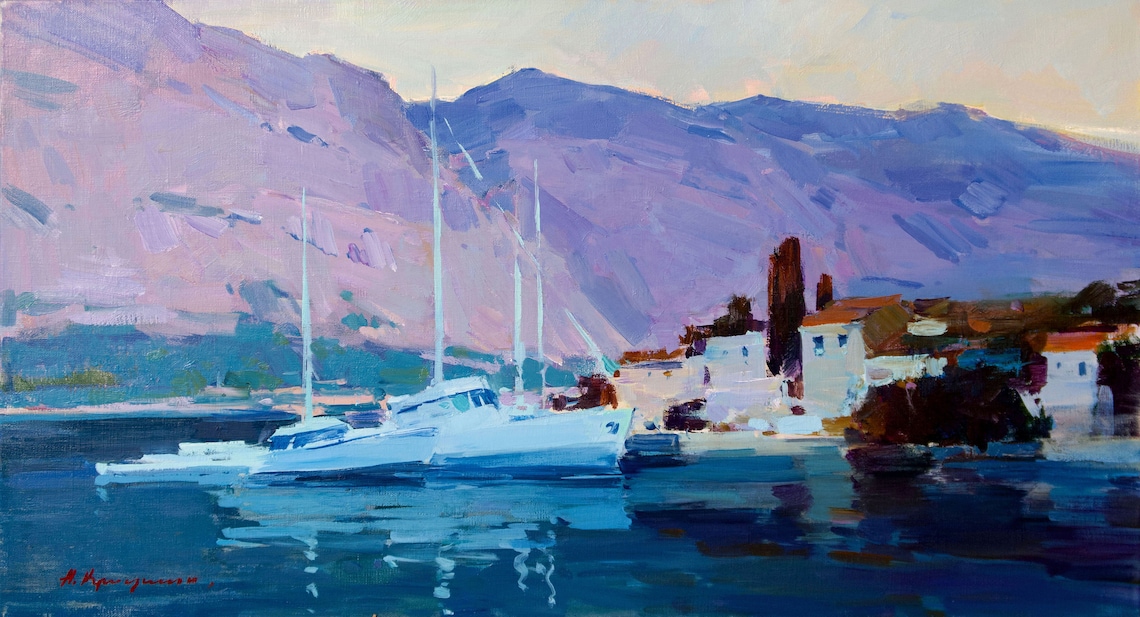 Boats And Yachts On Shore, Impressionistic Cityscape - Image 3