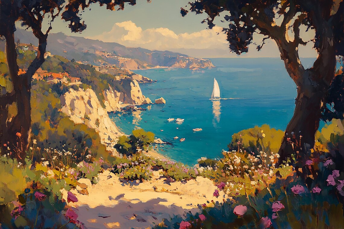 Bay Of Light Original Oil Painting Of Italian Seaside Cliff View With Sailboats And Wildflowers - Image 2