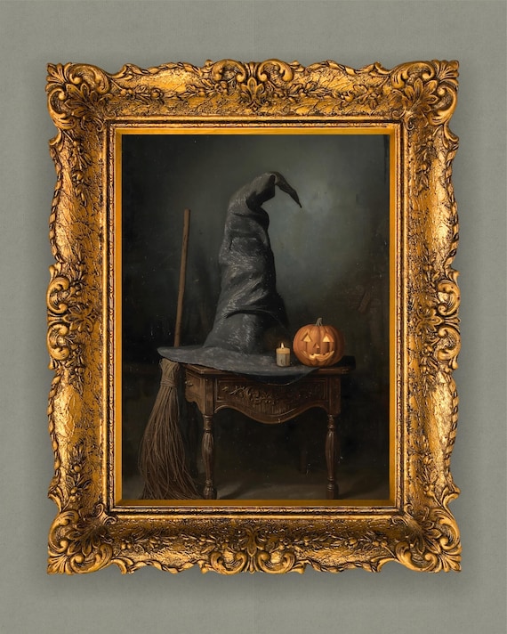 Vintage Halloween Still Life, Witch Hat Broom Pumpkin Art Print