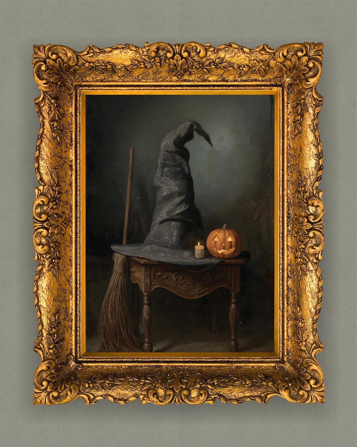 Vintage Halloween Still Life, Witch Hat Broom Pumpkin Art Print
